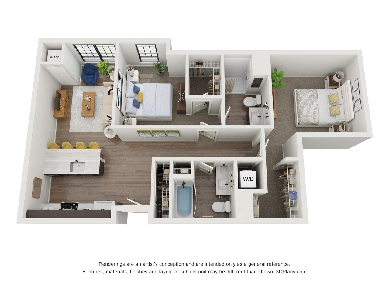 Floor plan for 2 beds, 2 baths, 1034 sqft